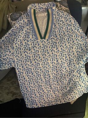 Amazon Women's Short Sleeve Blue Leopard Print Tee with Striped V-Neck